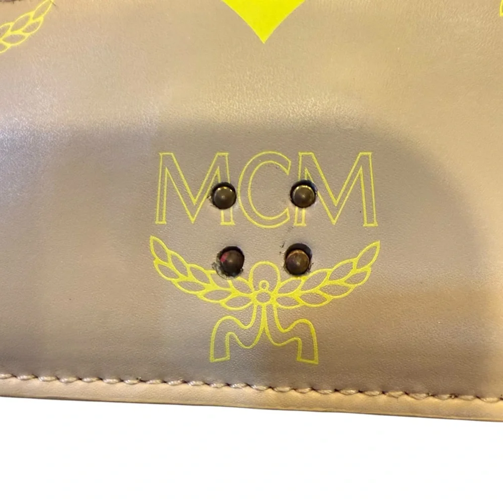 MCM Beige and Neon Yellow Leather Card Holder